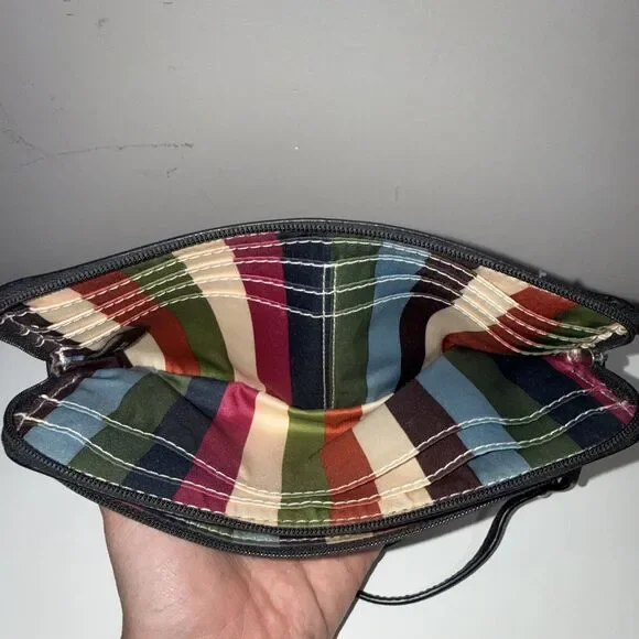 Coach Wristlet Black Leather Wallet Double Zip Striped Legacy Satin Lining 8x4 - Picture 16 of 16